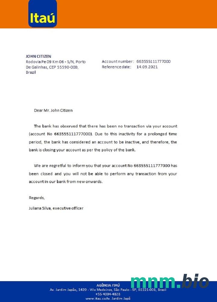 Brazylia Itau zamknięcie przykład odniesienia w formatach Word i PDF